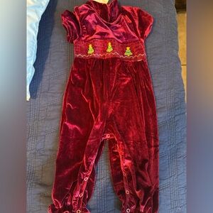 Red Velvet Baby Romper with Christmas Tree Embroidery